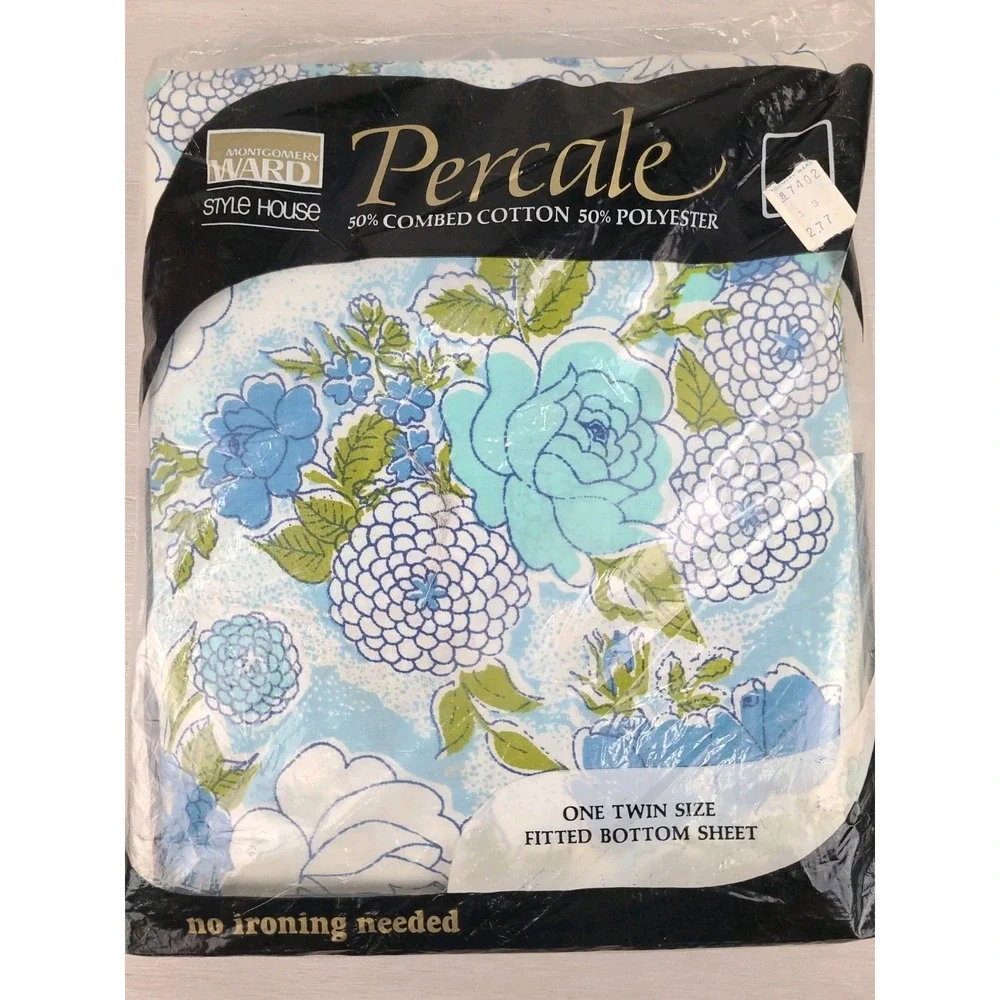 Vintage PercaleTwin Fitted Bottom Sheet Montgomery Wards Style House Blue Floral